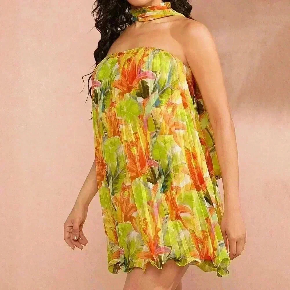 Multicolor Boho Women's Tropical Pleated Neck Detail Dress - Picture 4 of 6